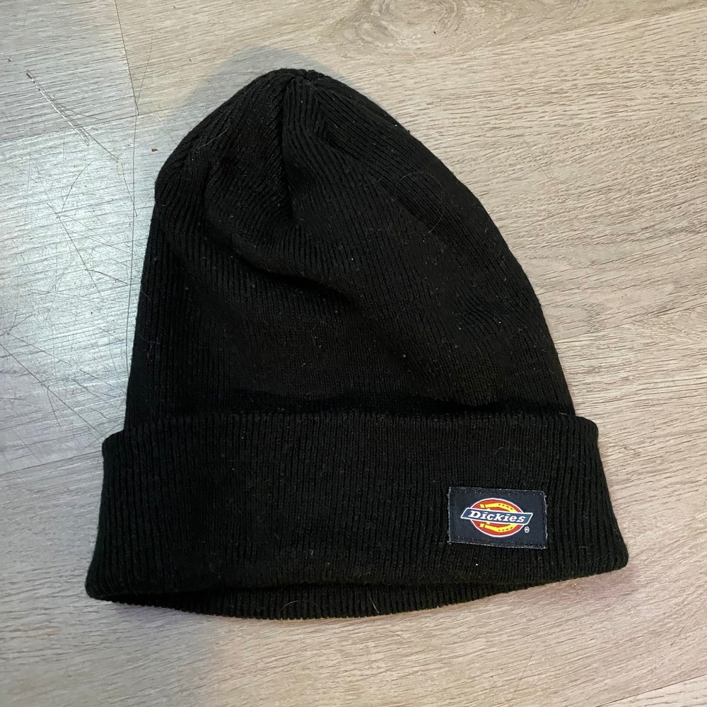 Dickies Beanie Hat‎ Mens OS Black Cuffed Ribbed Knit Logo Patch